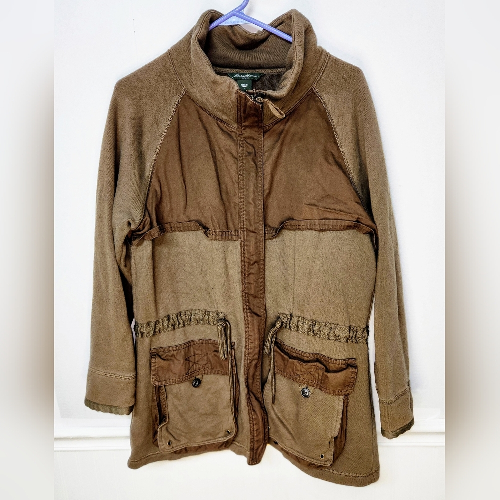 Eddie Bauer Duster Utility Jacket Tan Brown Button Pockets Womens Sz L